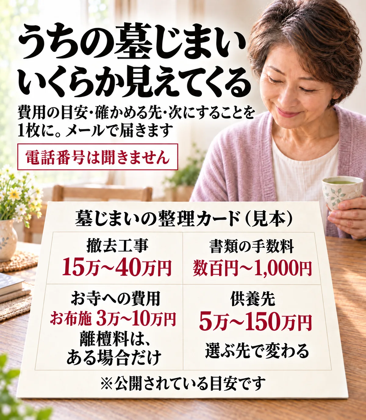 うちの墓じまい、いくらか見えてくる。費用の目安・確かめる先・次にすることを1枚に。メールで届きます。電話番号は聞きません。墓じまいの整理カード（見本）：撤去工事 15万〜40万円・書類の手数料 数百円〜1,000円・お寺への費用 お布施 3万〜10万円（離檀料は、ある場合だけ）・供養先 5万〜150万円（選ぶ先で変わる）。※公開されている目安です